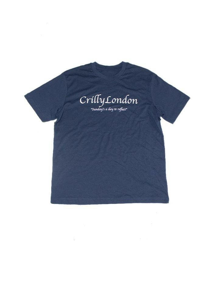 Billboard T-shirt in navy blue with Crilly London logo and quote 'Sunday's a day to reflect', made of 100% cotton.