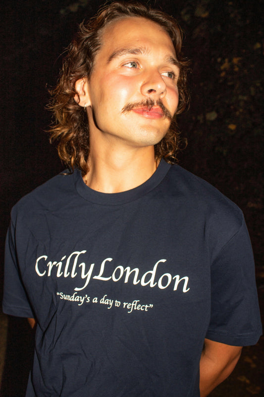 Limited edition Billboard T-shirt 'Sunday's a day to reflect' worn by model, celebrating 1st anniversary, made from 100% cotton.