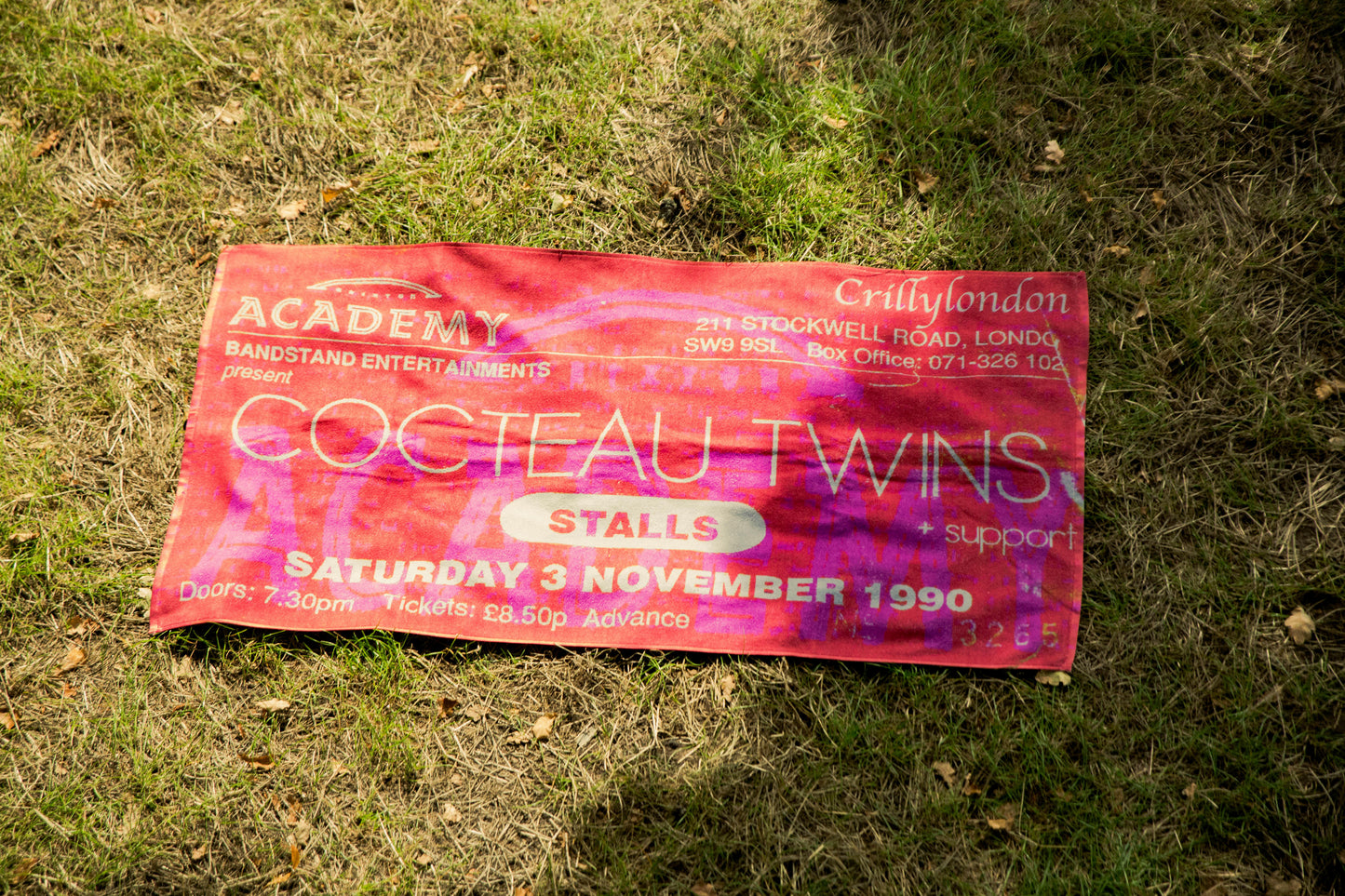 Cocteau Twins concert ticket from 1990 on a beach towel, 100% cotton, vibrant colors, limited edition.