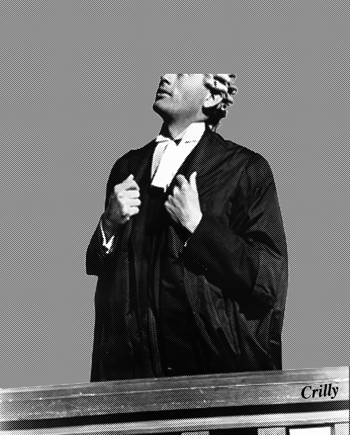 Black and white image of a person in a formal robe, adjusting their collar against a gray background.