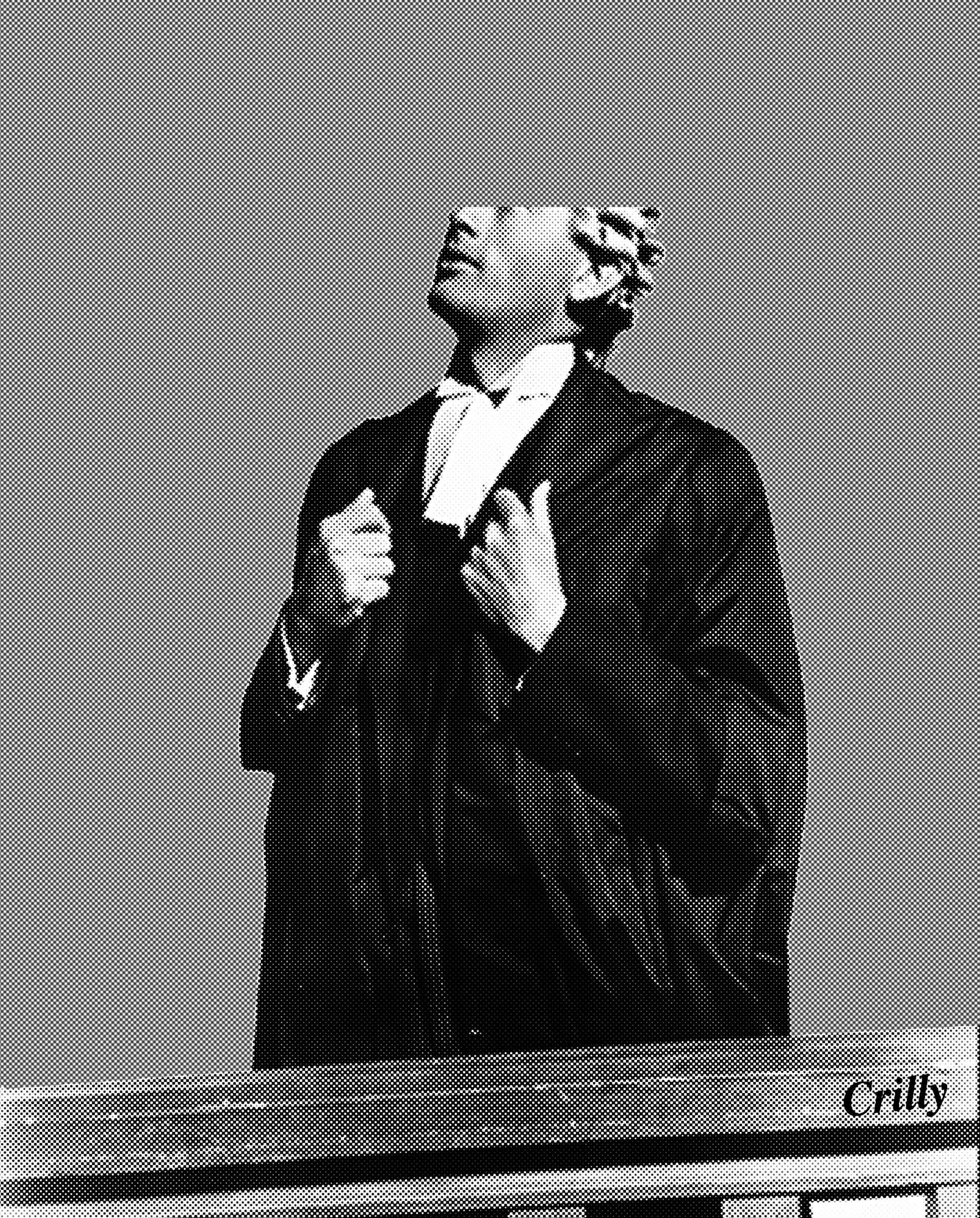 Black and white image of a person in a formal robe, adjusting their collar against a gray background.